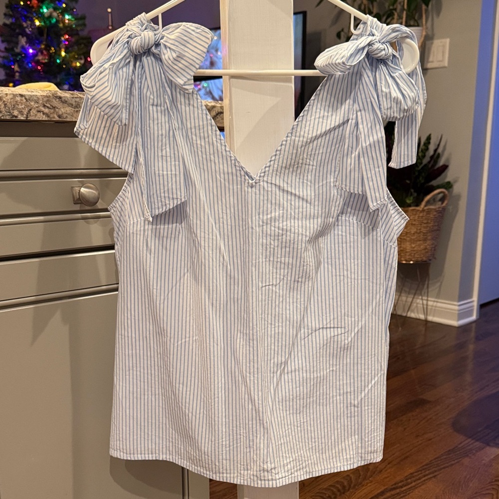Blue Striped Women's Top with Bow Details